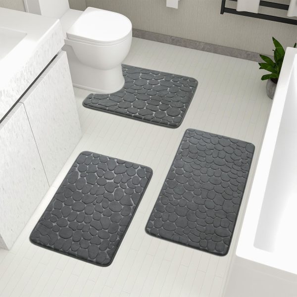 Bathroom Rugs Mat Set 3 Piece Dark Grey, Memory Foam Bath Mats Sets, Non Slip Water orbent Washable Bath Rugs for Sink, Toilet and Floor